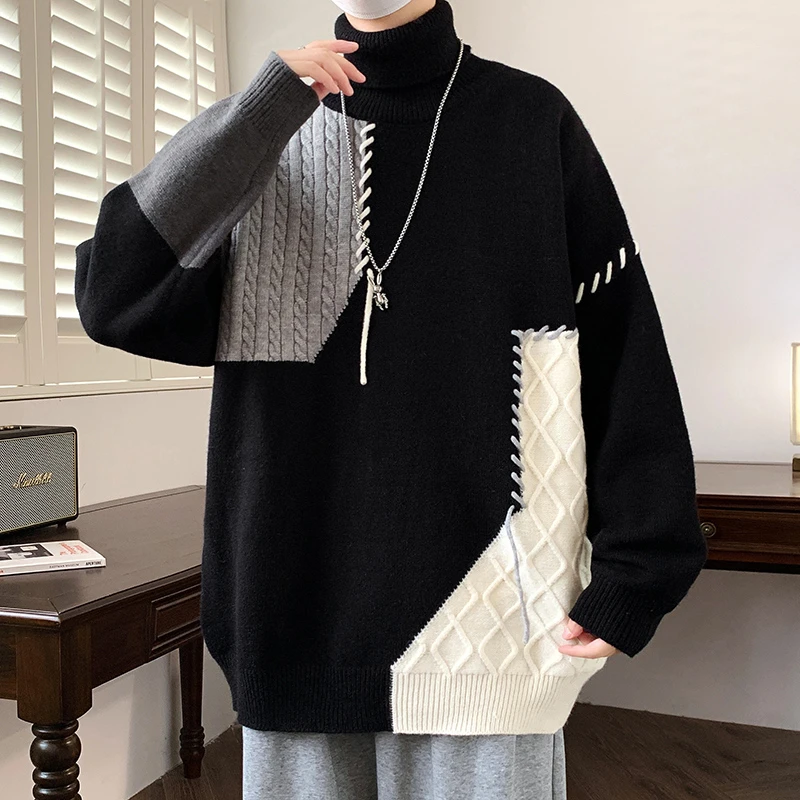 秋冬季新款男士高领撞色毛衣潮牌慵懒风青少年学生针织打底衫加厚