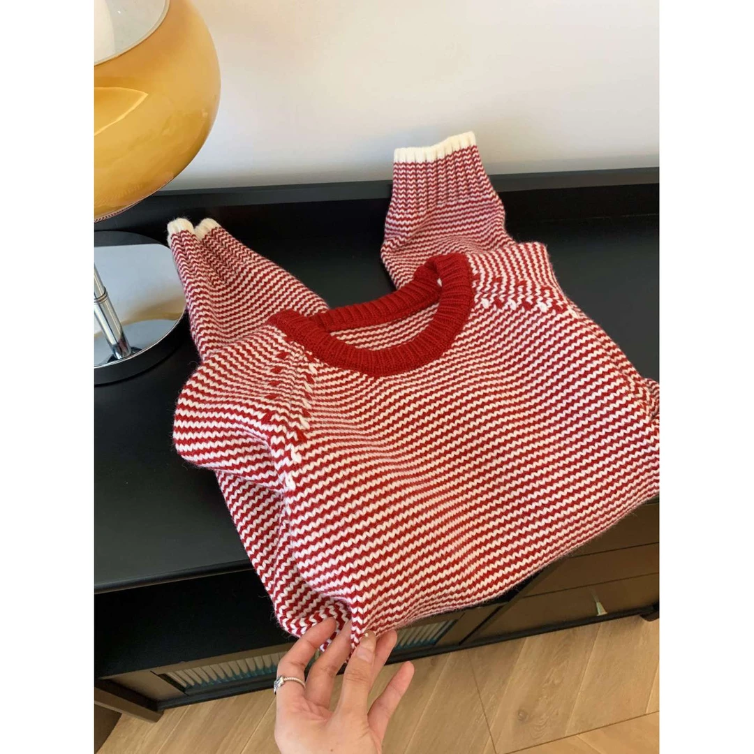 韩系红色条纹针织开衫毛衣外套时髦洋气慵懒版上衣女秋冬毛衫小众