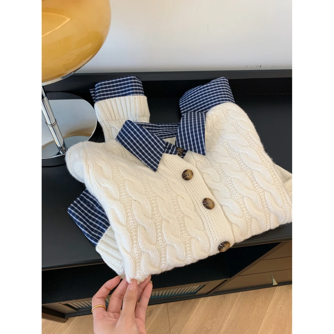 假两件春秋韩系麻花毛衣叠穿秋冬2024新款学院风格纹翻领针织上衣