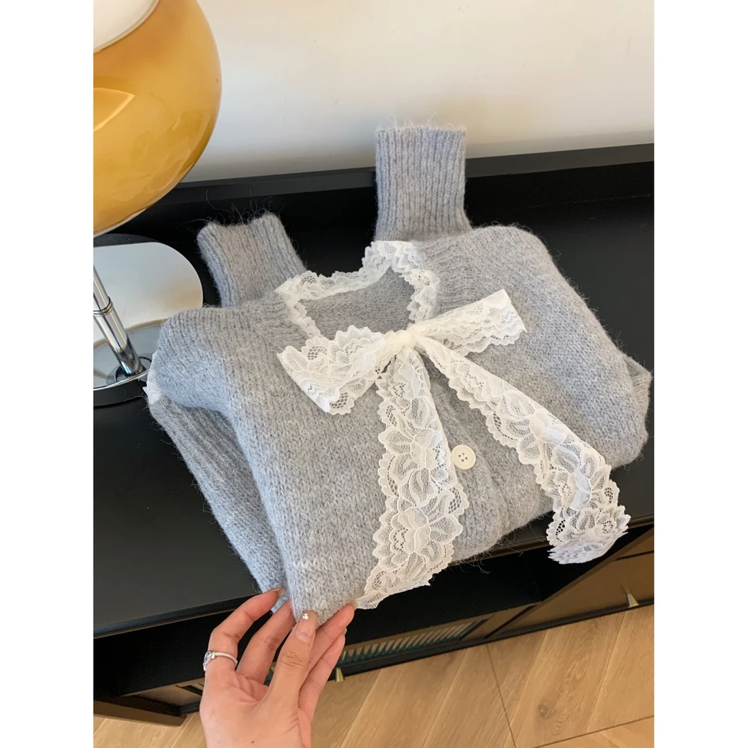 法式蕾丝蝴蝶结针织毛衣洋气秋冬新款女小众设计感时尚百搭上衣