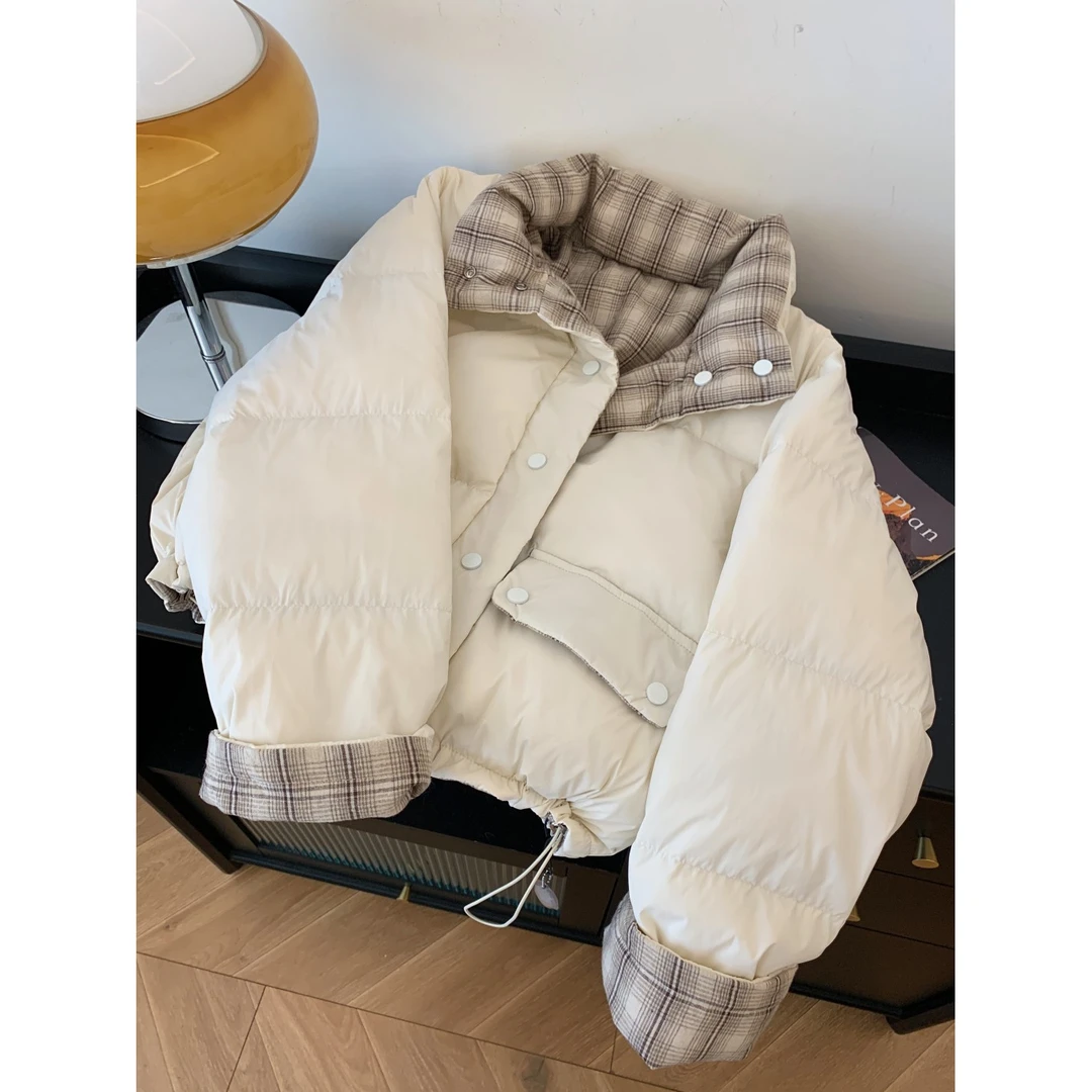 两面穿格纹拼接棉衣女加厚秋冬新款韩系温柔风宽松慵懒保暖外套