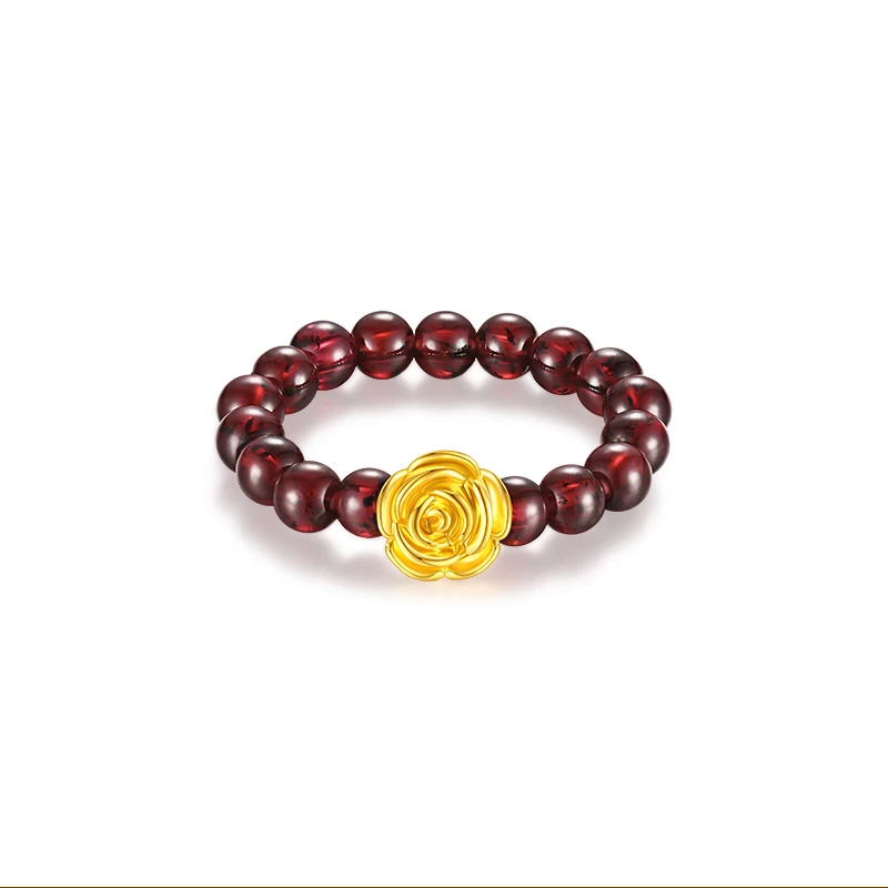 足金镶石榴石古法花好月圆戒指黄金玫瑰花女款女士简约镶嵌轻奢