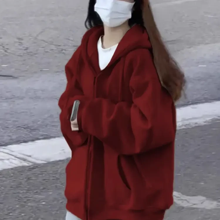 300斤大码美式酒红色拉链卫衣男女秋冬加绒宽松开衫连帽外套过年