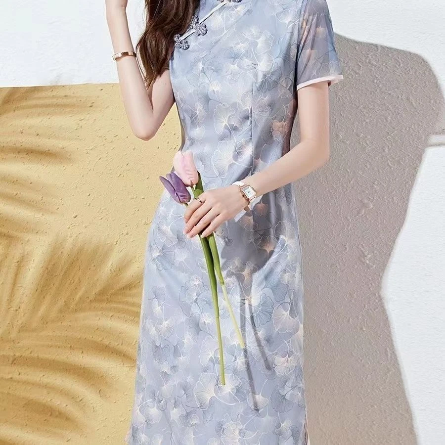 高档轻奢国风气质串珠改良旗袍2025夏季新款印花优雅显瘦连衣裙女