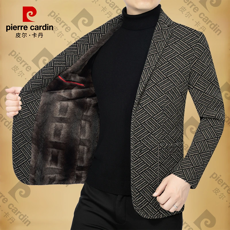 皮尔卡丹秋冬季高档男士休闲厚款西服外套中年男商务加绒保暖西装