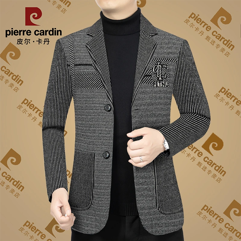 皮尔卡丹冬季新款男士毛呢西服外套韩版时尚休闲洋气西装上衣加绒