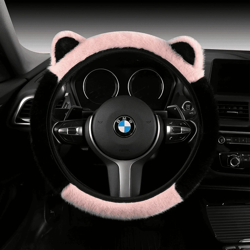 可爱耳朵不掉毛长毛绒方向盘套冬季保暖防寒貂毛弹力汽车把套通用