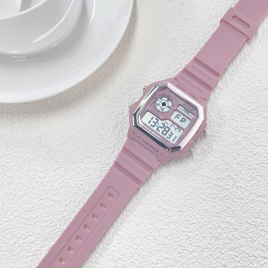 独角兽手表女ins风学生简约韩版豆沙色小方表网红少女防水电子表