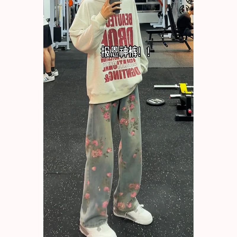 满印玫瑰提花牛仔裤男美式复古松弛感cleanfit裤子直筒修身微喇裤