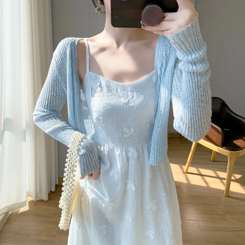 超仙纯色提花吊带裙v领小清新度假风气质收腰连衣裙开衫两件套装