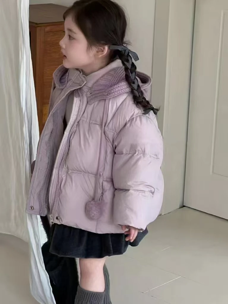 女童棉服冬季2024新款洋气韩版带帽保暖宝宝短款连帽冬款纯色