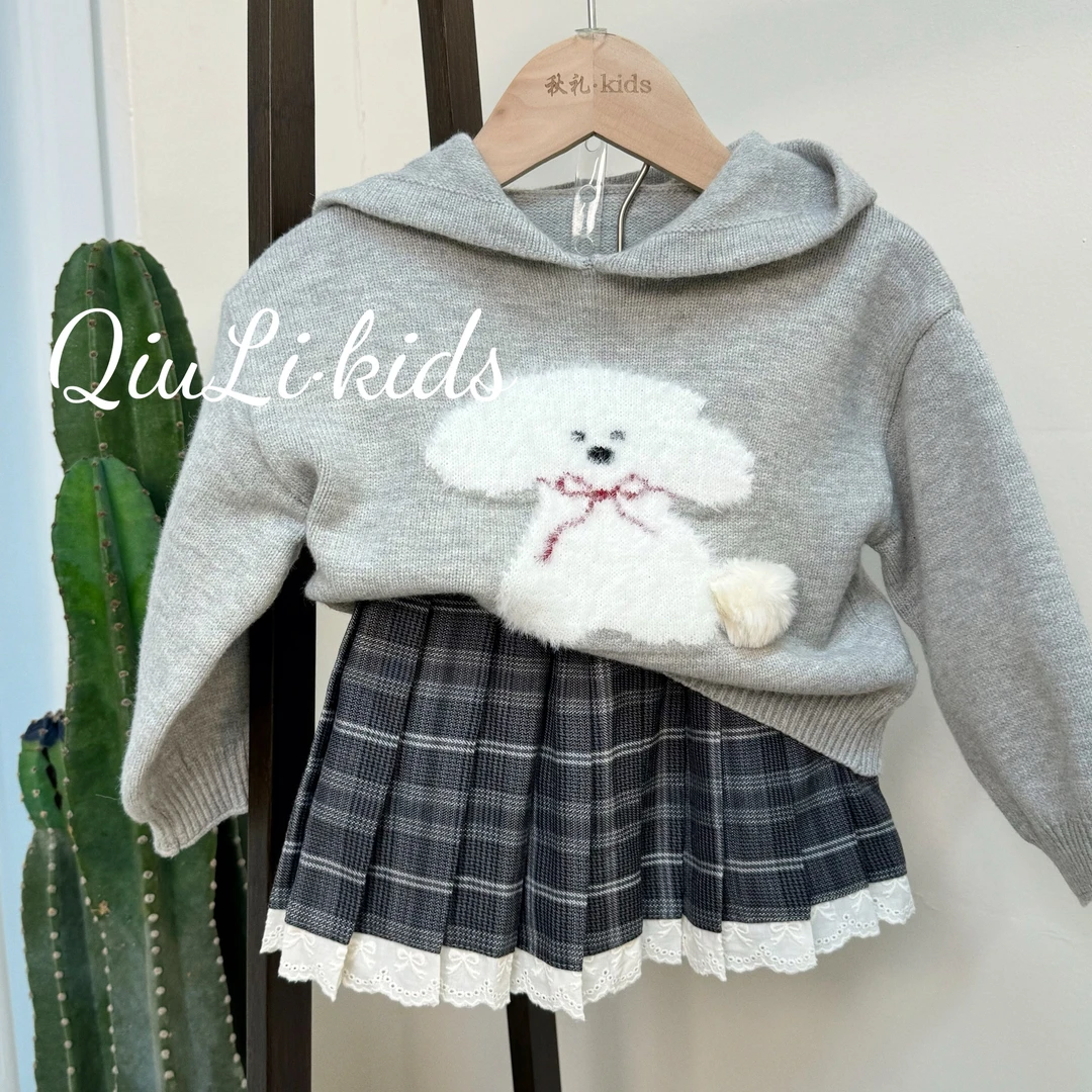 QIULI 糯米狗狗 灰色套头洋气女童百搭连帽秋冬毛衣