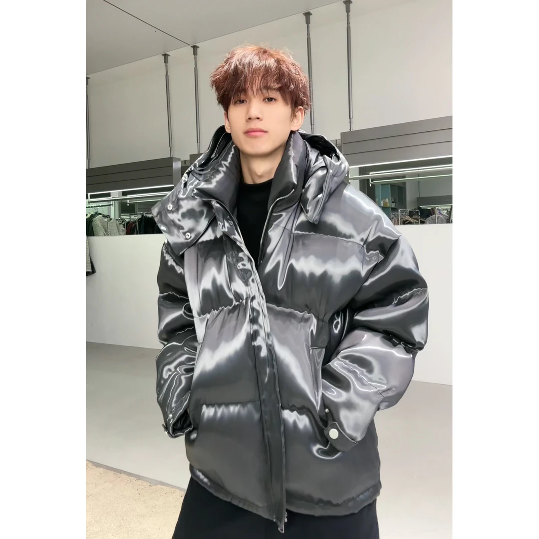 COURSEMYS聪明陈 欧美高街潮牌液态金属感棉衣加厚连帽面包服外套