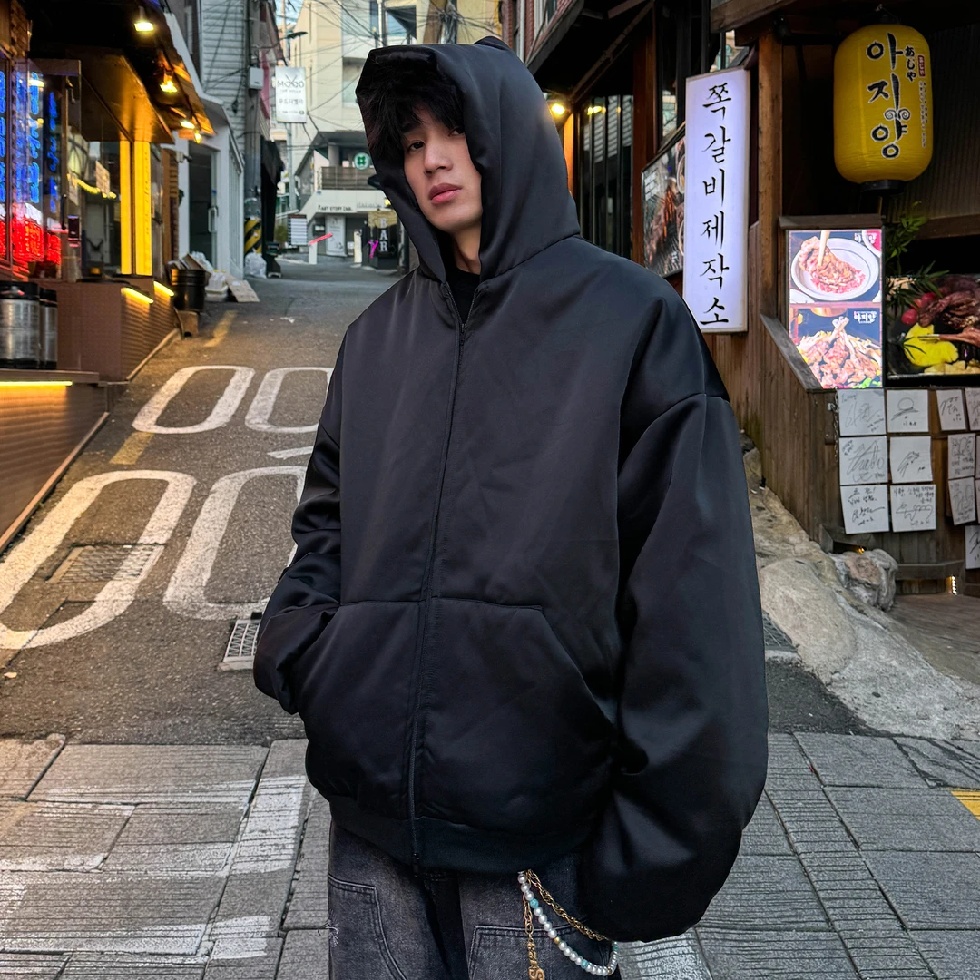 S123【高定哑光缎面】美式休闲连帽羽绒服外套男女宽松纯色夹克潮