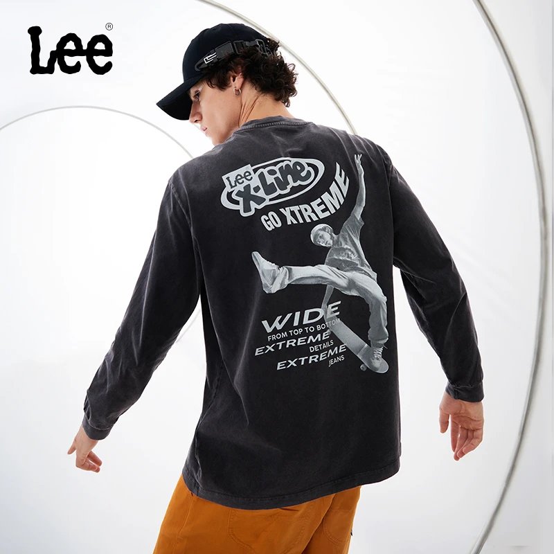 Lee 舒适版型黑色做旧风印花圆领宽松男士长袖T恤LMT0070934DR