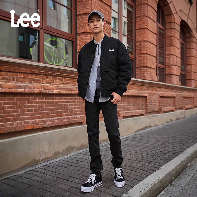 【黑牛-微锥直筒裤】Lee秋季宽松新品百搭黑色时尚中腰锥形男牛仔裤