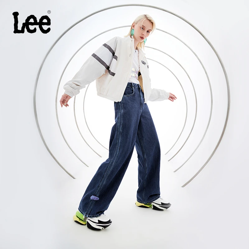 Lee 中蓝色宽腿时尚复古休闲牛仔裤女阔腿裤显瘦