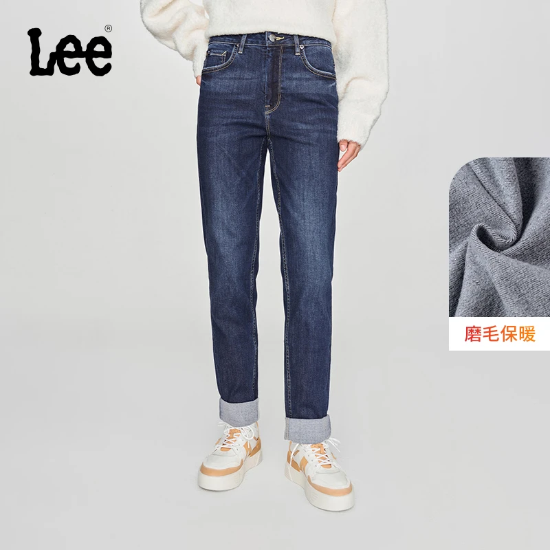 Lee秋冬新品411高腰小直脚磨毛中深蓝女保暖牛仔裤LWB100411101