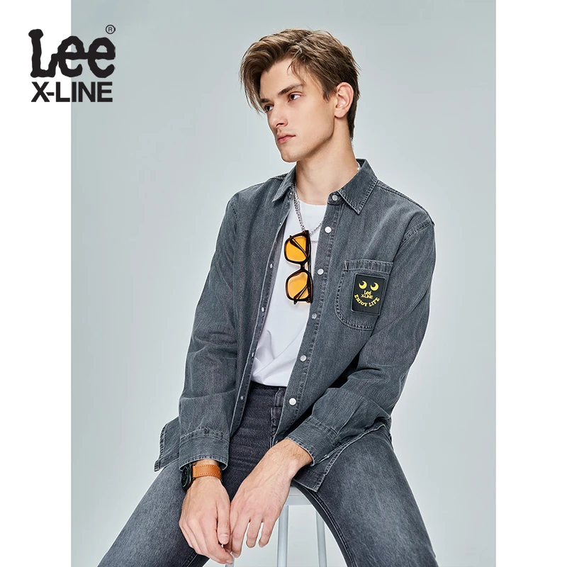 Lee舒适黑灰色男女同款长袖牛仔衬衫休闲时尚百搭