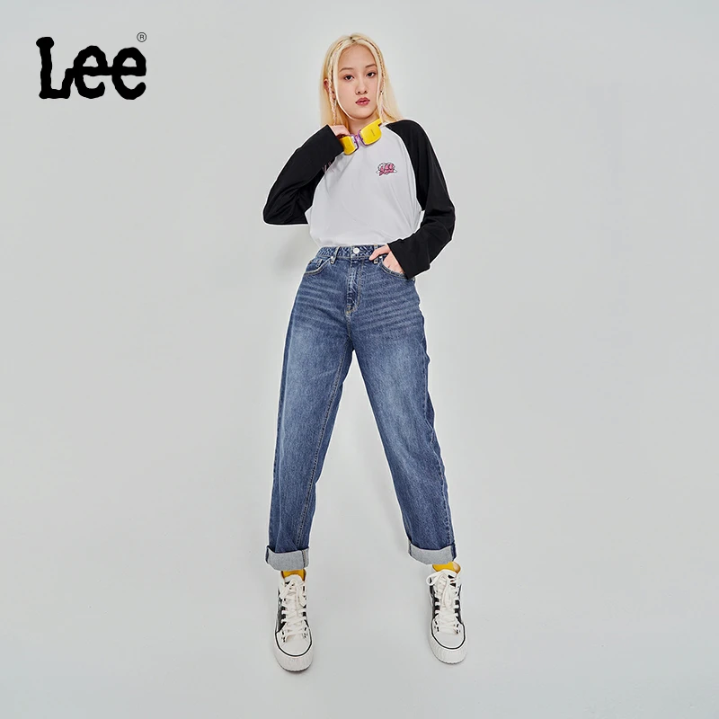 Lee新品411舒适宽松高腰锥形弹力中深蓝水洗女牛仔裤