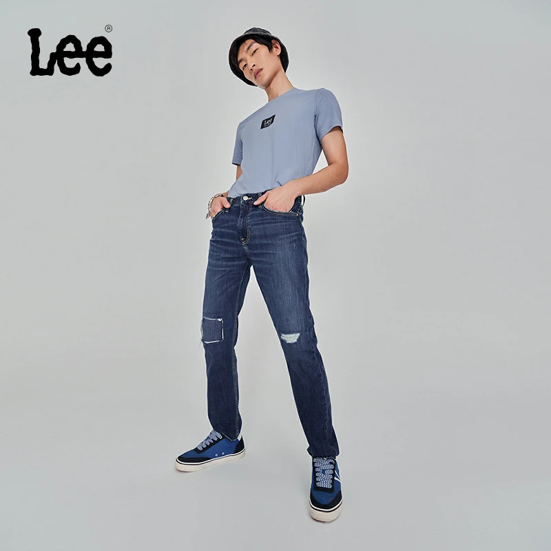 Lee舒适中腰锥形深蓝色破洞补丁男牛仔裤潮流LMB1007313QJ