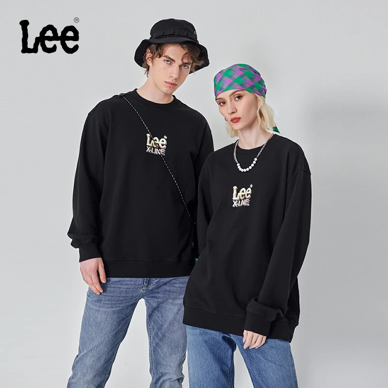 Lee新品舒适宽松弹力Logo印花男女同款圆领卫衣时尚