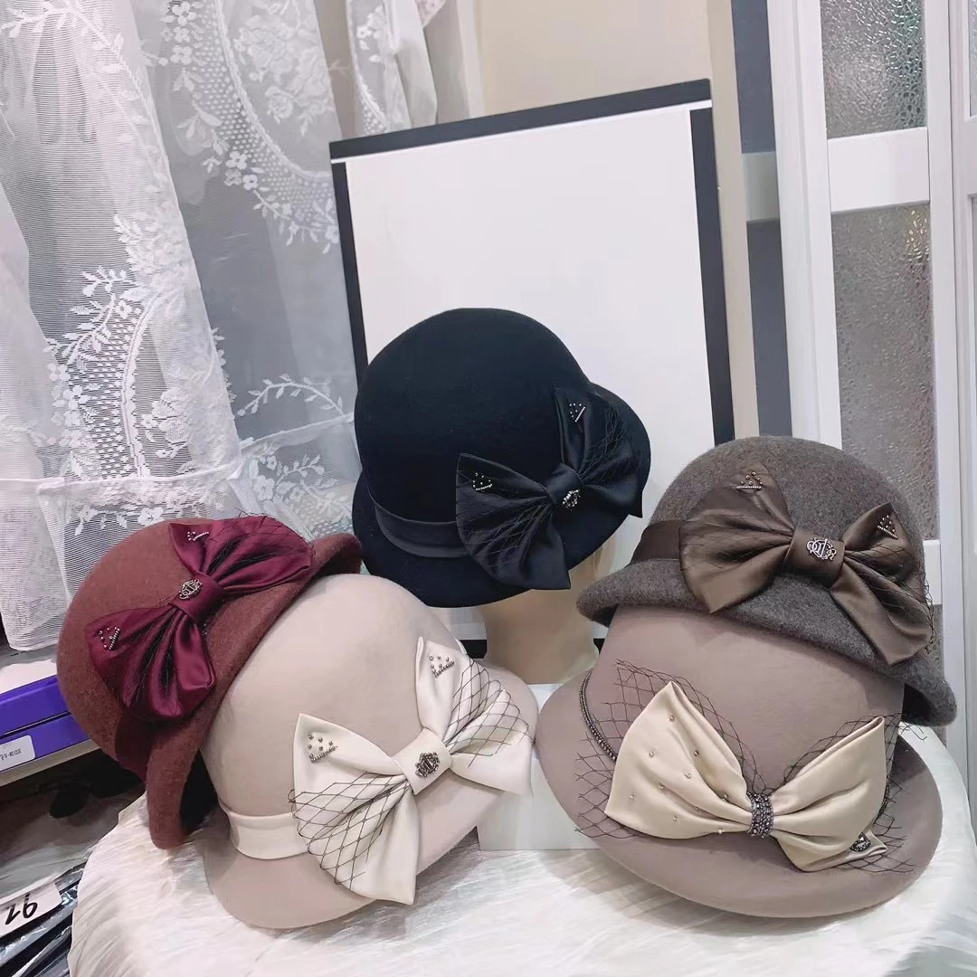 【备注编号】高品质羊毛尼法式蝴蝶结钻定型礼帽盆帽