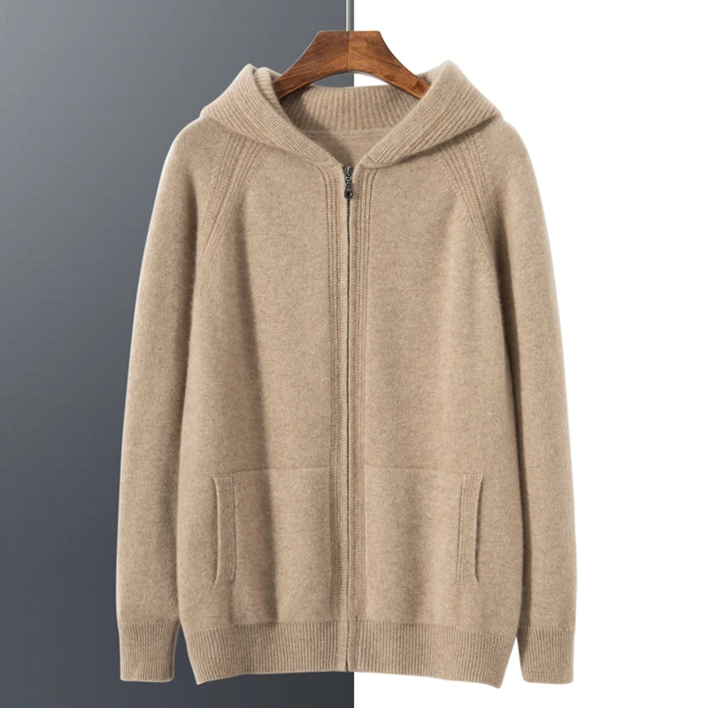 羊绒衫男士开衫纯色100%山羊绒秋冬季连帽加厚针织宽松毛衣外套