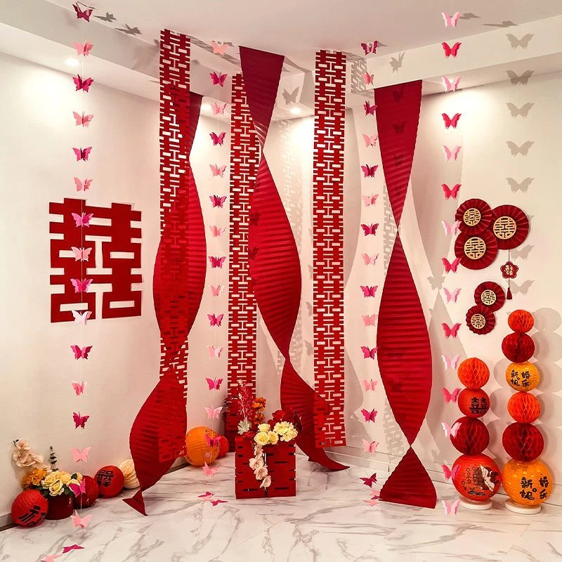 结婚布置折纸拉花女方卧室客厅长条喜字拍照道农村婚礼背景墙挂布