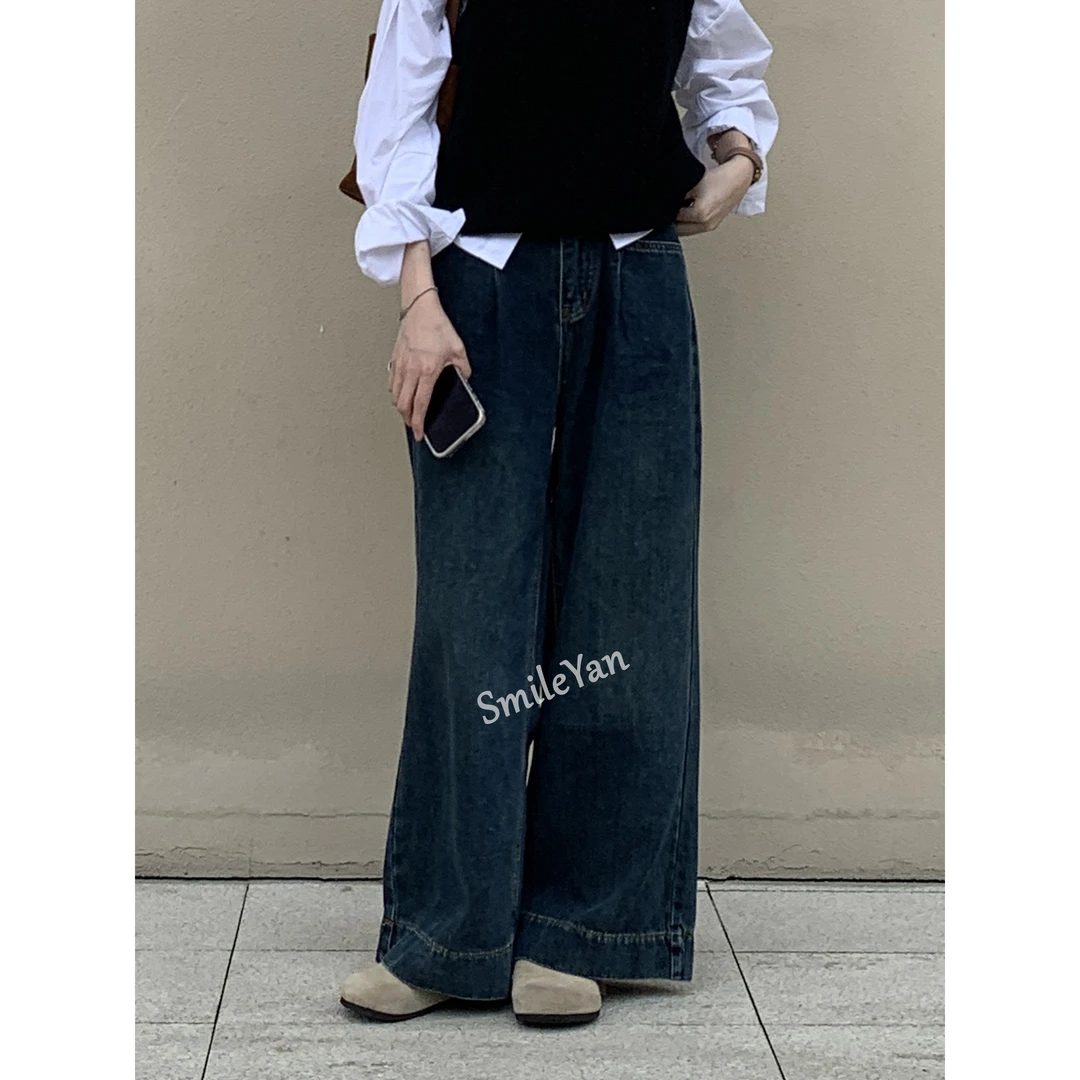 【SmileYan】（赴约秋天）韩系复古深色宽松休闲牛仔裤