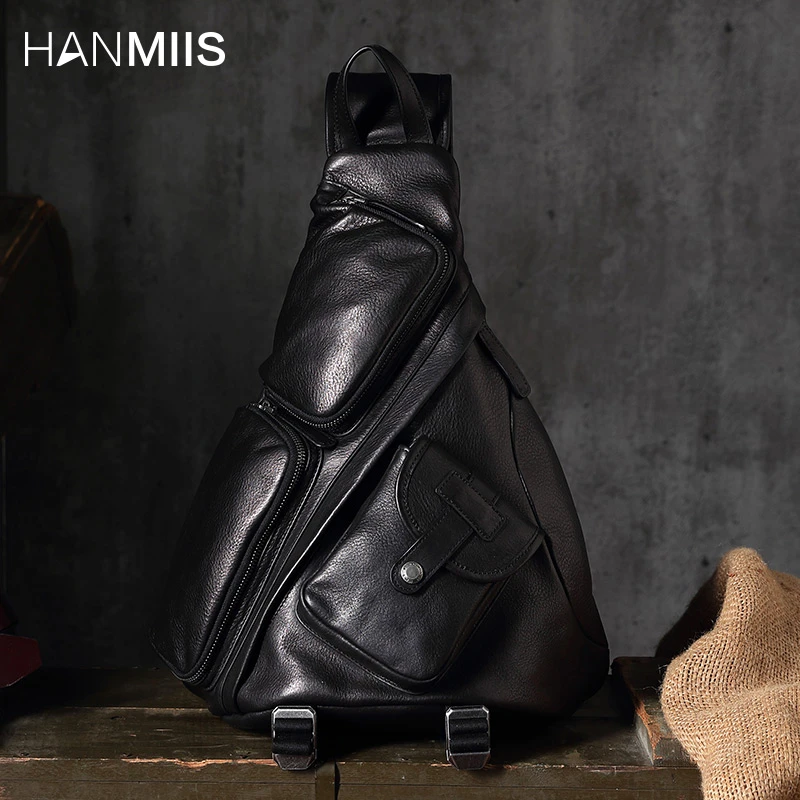汉名仕 B6伞兵头层牛皮三角胸包真皮复古男士单肩胸包骑行男包