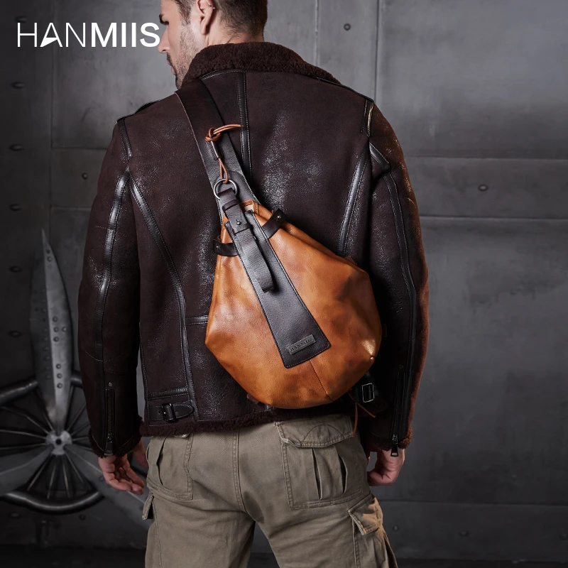 汉名仕 水滴三角型胸包 B6伞兵 头层牛皮真皮男包单肩斜挎骑行包