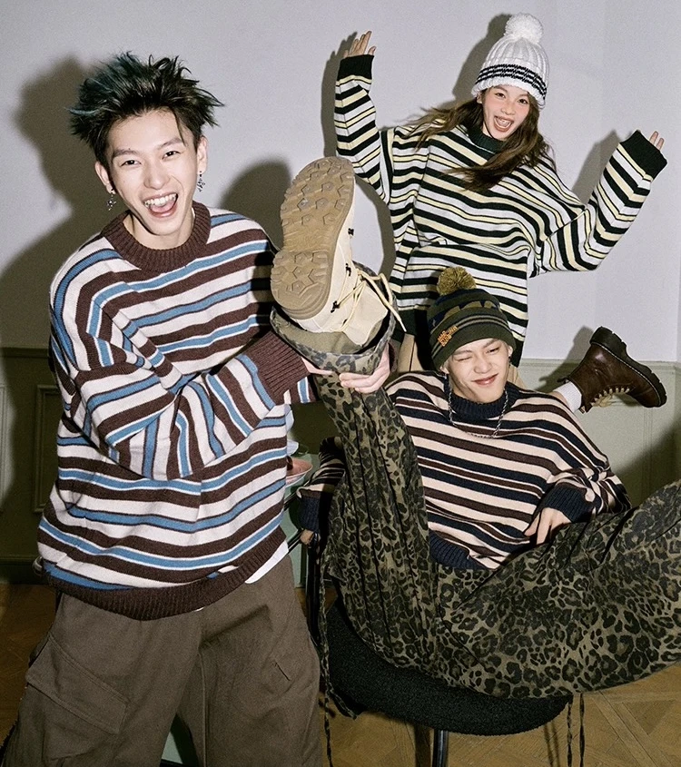 美式复古横条纹潮牌毛衣男女秋冬套休闲圆领针织衫-M32