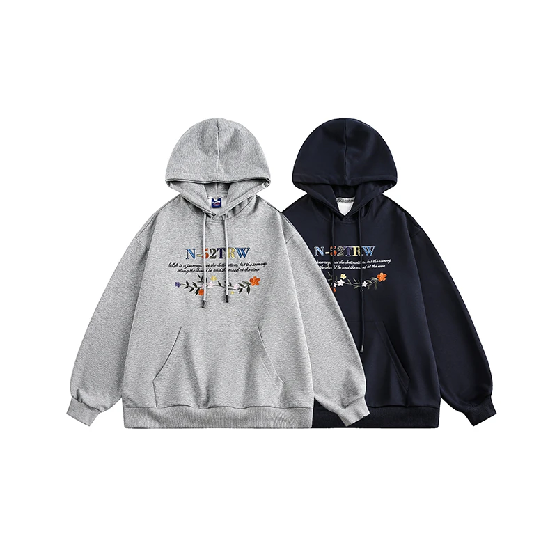 字母刺绣宽松重磅420g连帽套头卫衣情侣百搭休闲上衣-WY66