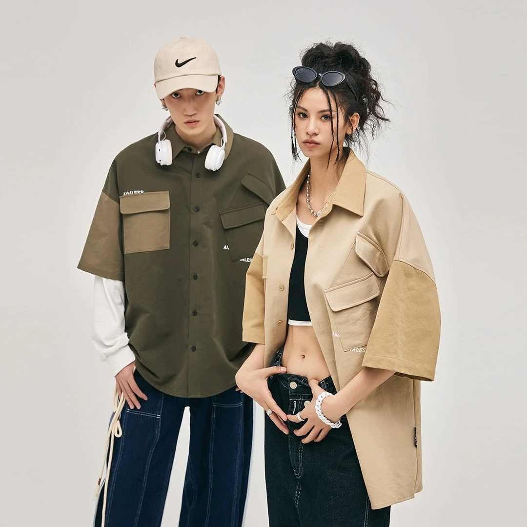 AIMLESS 日系复古重磅工装短袖衬衫- AC01