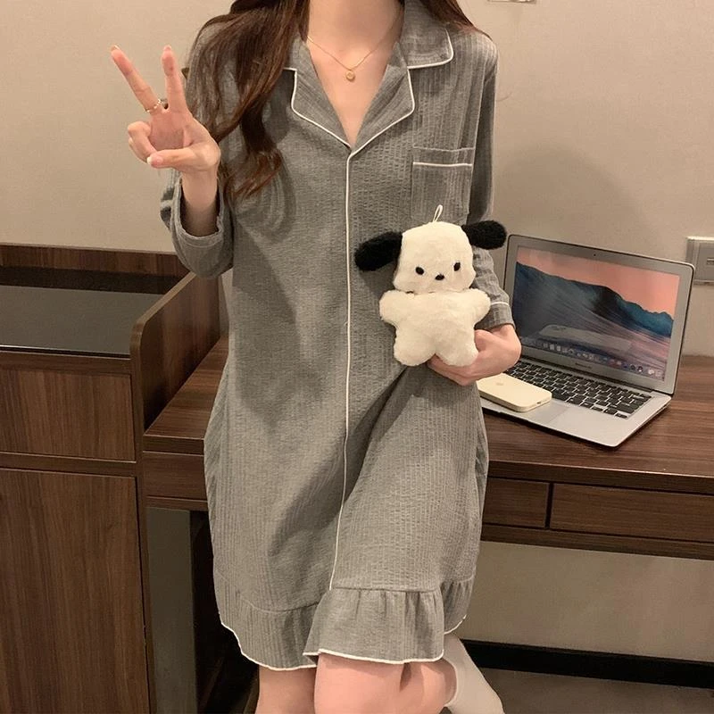 简约睡裙女士春秋坑条纯棉休闲韩版秋季长袖宽松可外穿睡衣家居服
