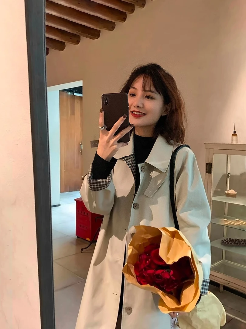 风衣外套女2025年新款春秋中长款小个子韩系格纹爆款chic早秋大衣