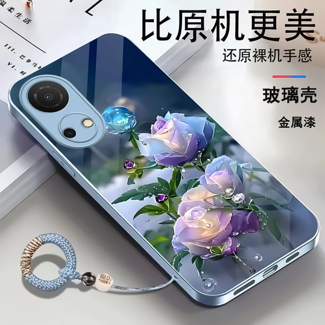 【荣耀畅玩30 Plus】鲜花金属漆玻璃手机壳 时尚送挂绳 全包防摔