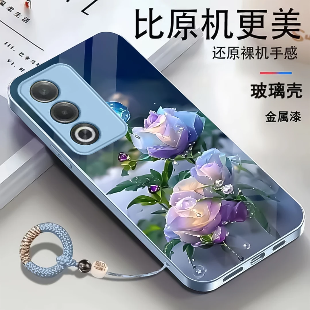 适用【OPPO A3 活力版】鲜花金属漆玻璃手机壳 时尚送挂绳 全包防摔