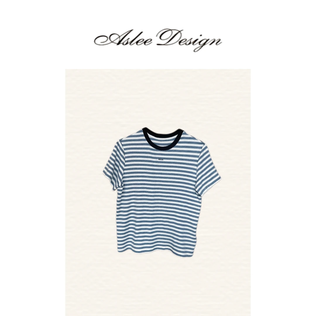 “灰蓝白条” 灰蓝白条圆领夏季T恤胸前刺绣短袖LSS240755R