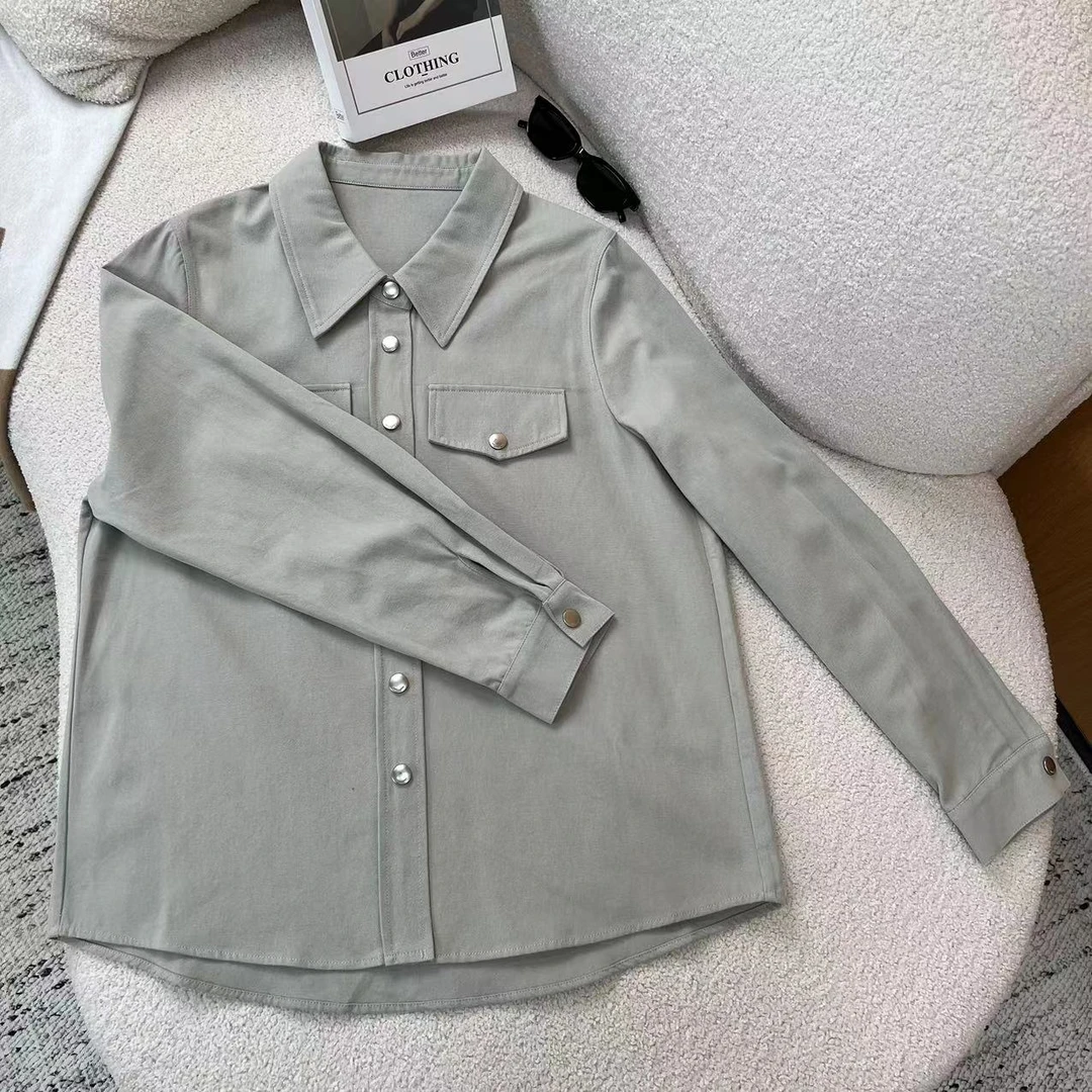 A博主同款月光灰宽松休闲翻领女士长袖衬衫FX81085Y