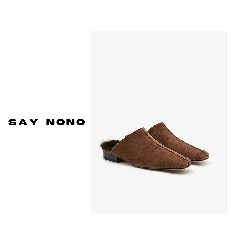Say nono 外穿包头平底时尚秋冬方头鞋垫水貂穆勒鞋跟高2.5cm