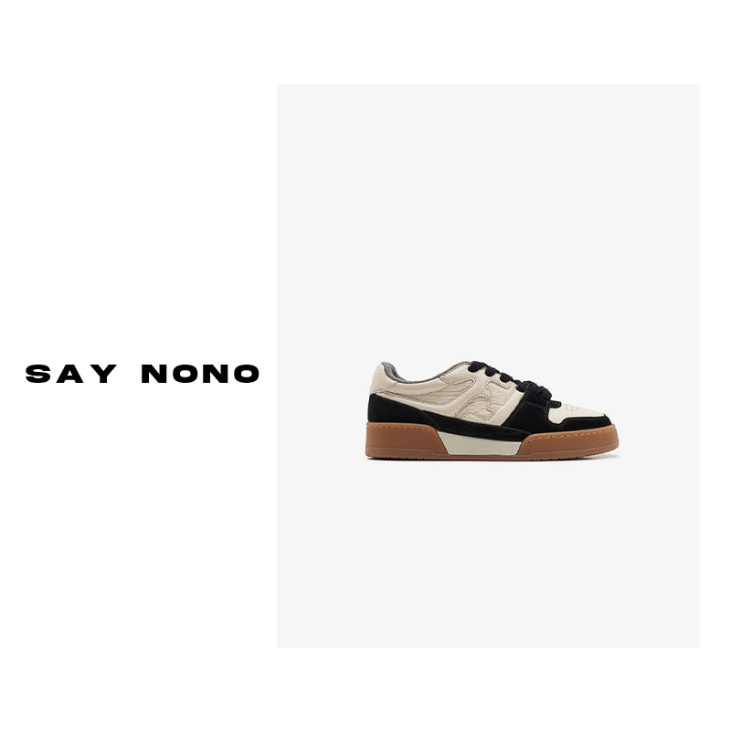 Say nono 熊猫拼色时尚百搭低帮休闲厚底圆头系带板鞋3cm