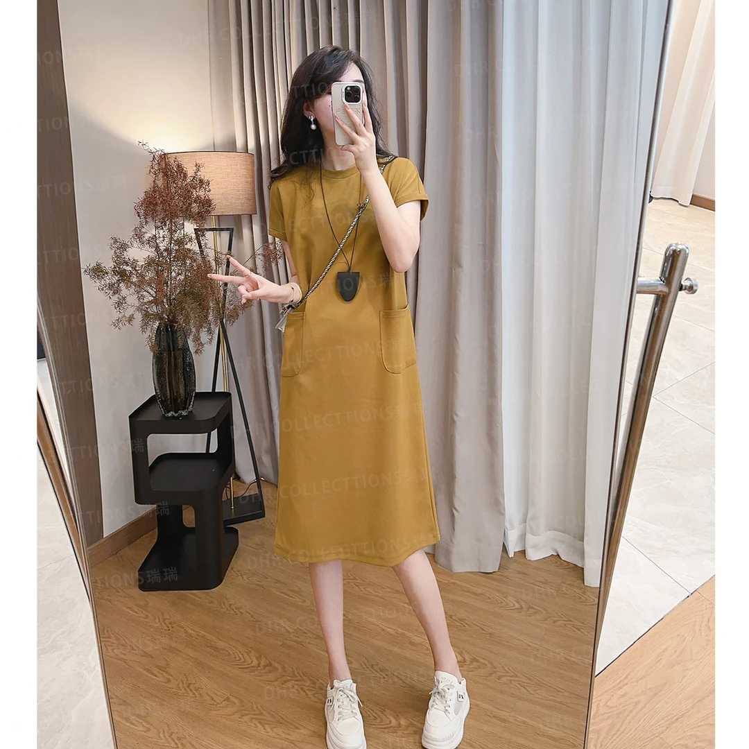 【瑞瑞定制】D88079夏大码显瘦中长款韩版正肩纯色减龄女宽松连衣裙