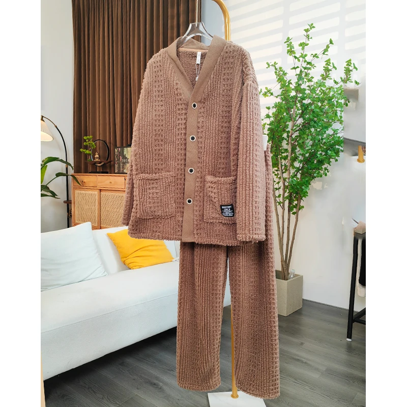 睡衣男秋冬季加厚加绒简约法兰绒保暖长袖冬天家居服套装宽松毛绒