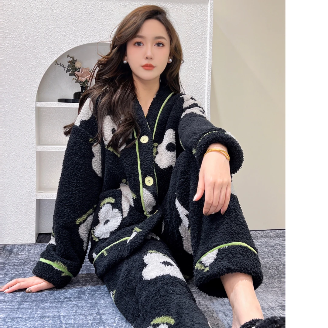 SNSJ【珍珠绒】韩系女主冬季宽松睡衣加厚保暖开衫泡泡绒家居服套装