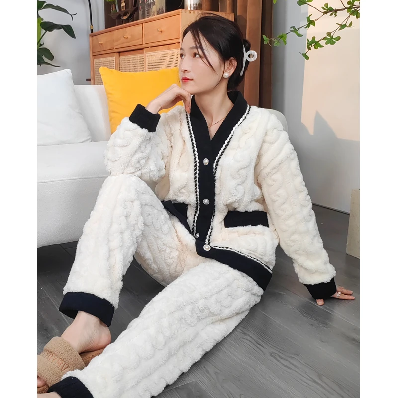开线小香风印花睡衣女冬季加厚气质长袖加绒秋冬家居服套装可外穿