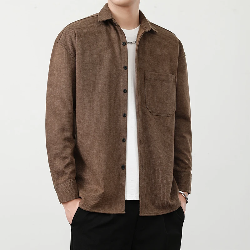 春秋新款纯色休闲衬衫长袖男士复古韩版衬衣时尚百搭修身外套