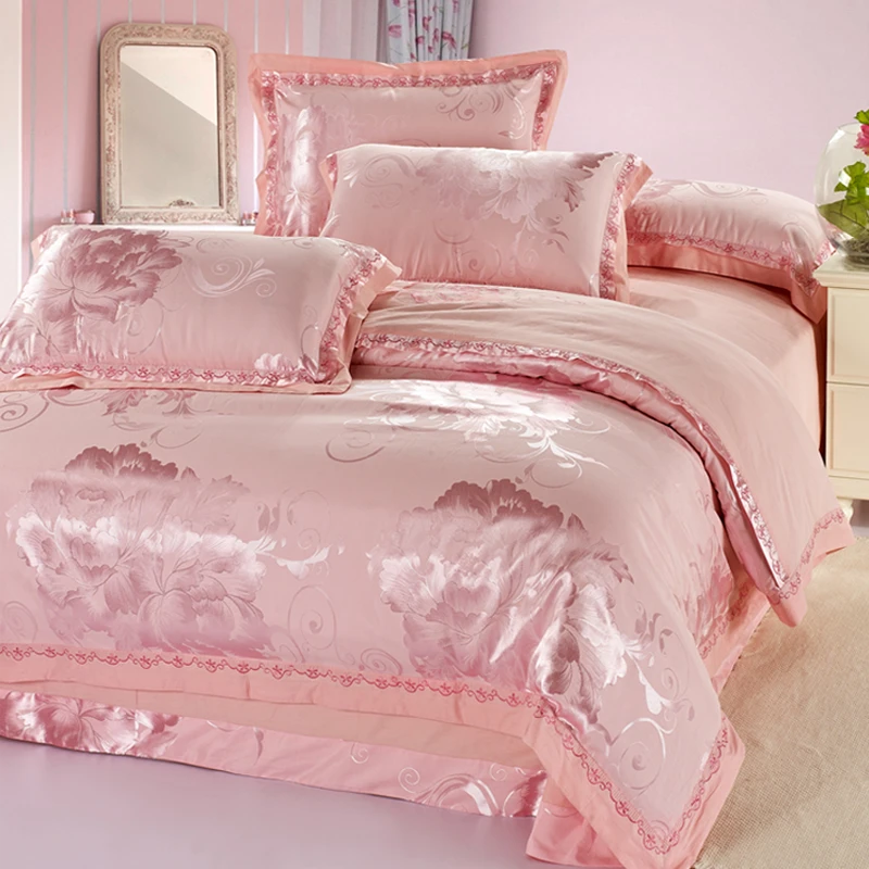 60s全棉贡缎提花四件套高档欧式100纯棉婚庆大红床单被套床上用品