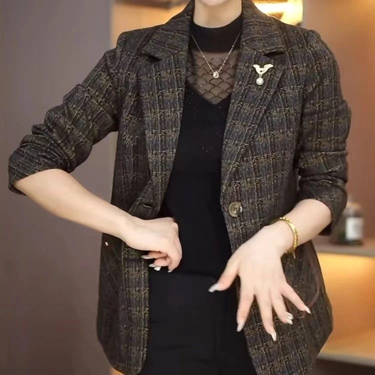 中年妈妈装时尚洋气西装西服格子外套上衣休闲百搭遮肉